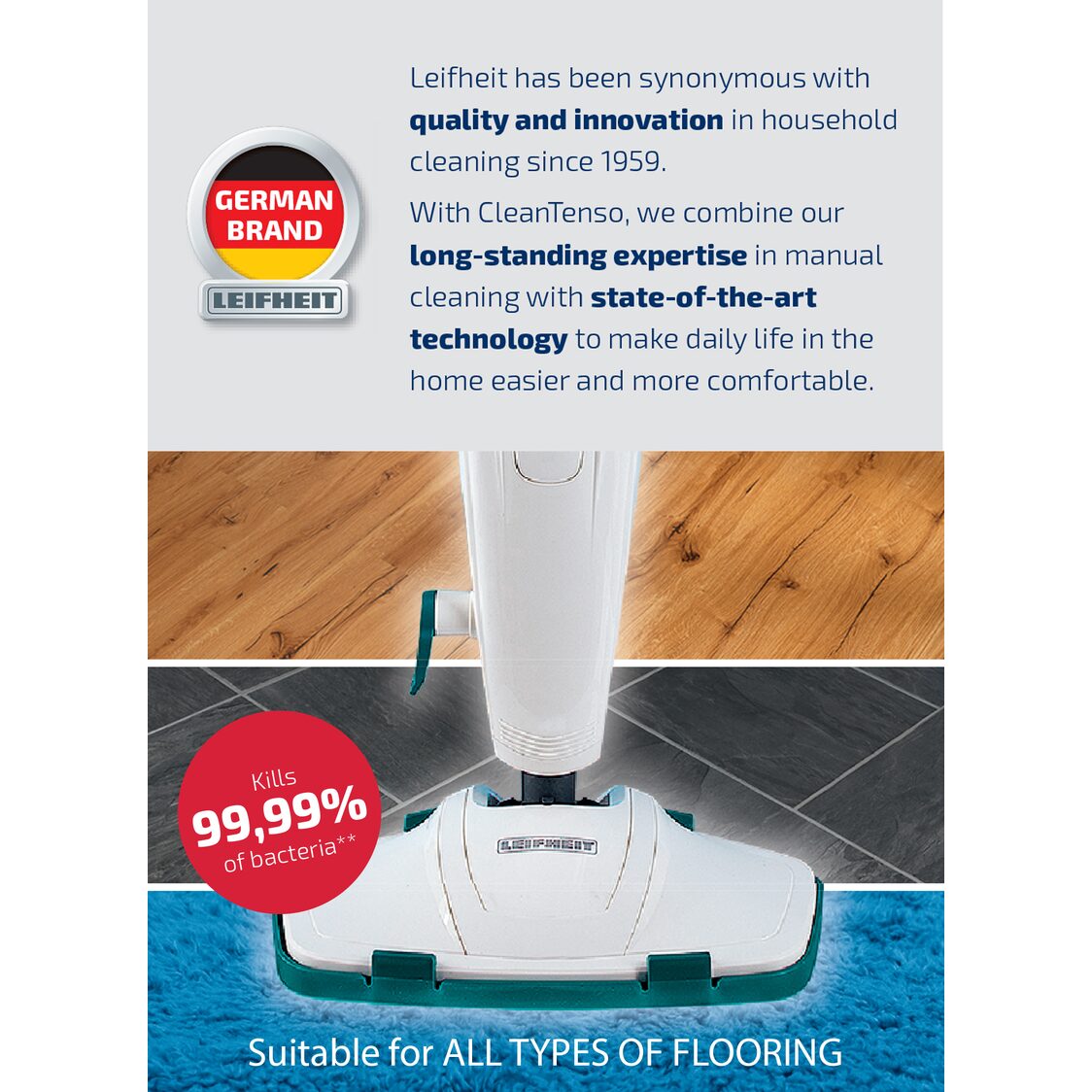 Leifheit L11910 Leifheit Steam Mop Clean Tenso + Free 2 Replacement Cloth Worth