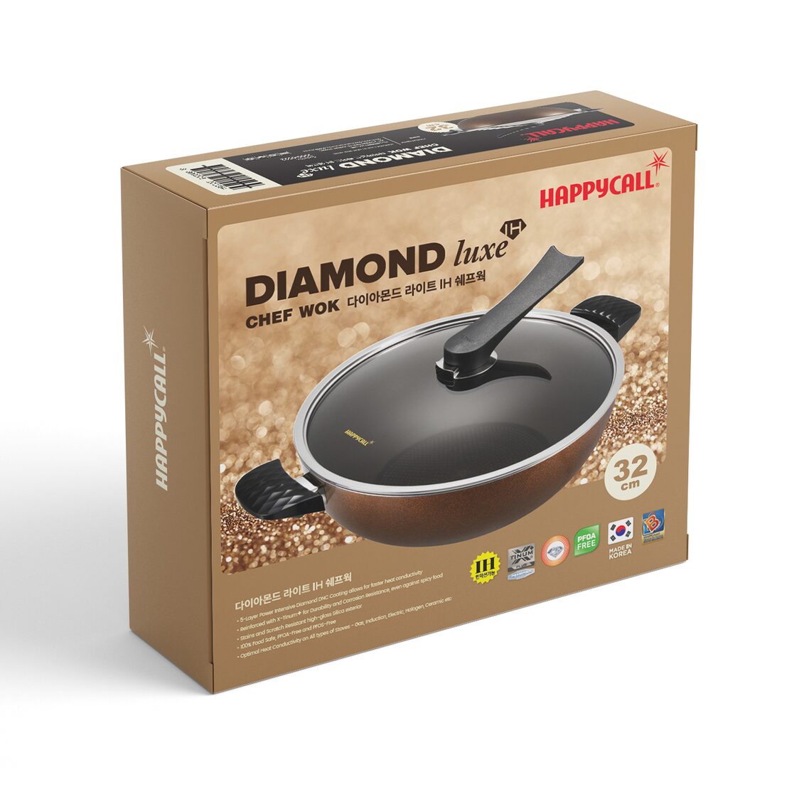 Happycall Diamond Luxe IH 32cm Chef Wok with Self-Standing Lid (3900-0592)