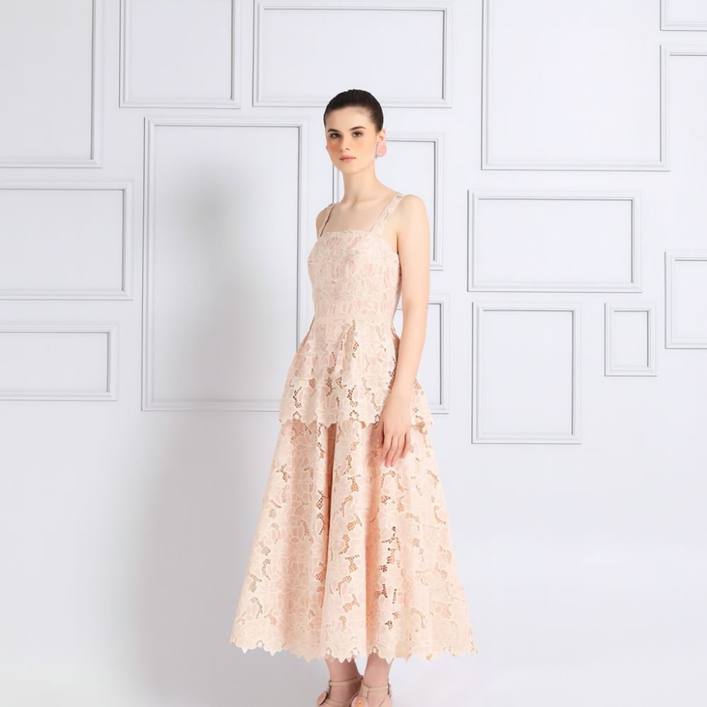Votum Heritage Lace Embroidered Midi Dress in Peach S