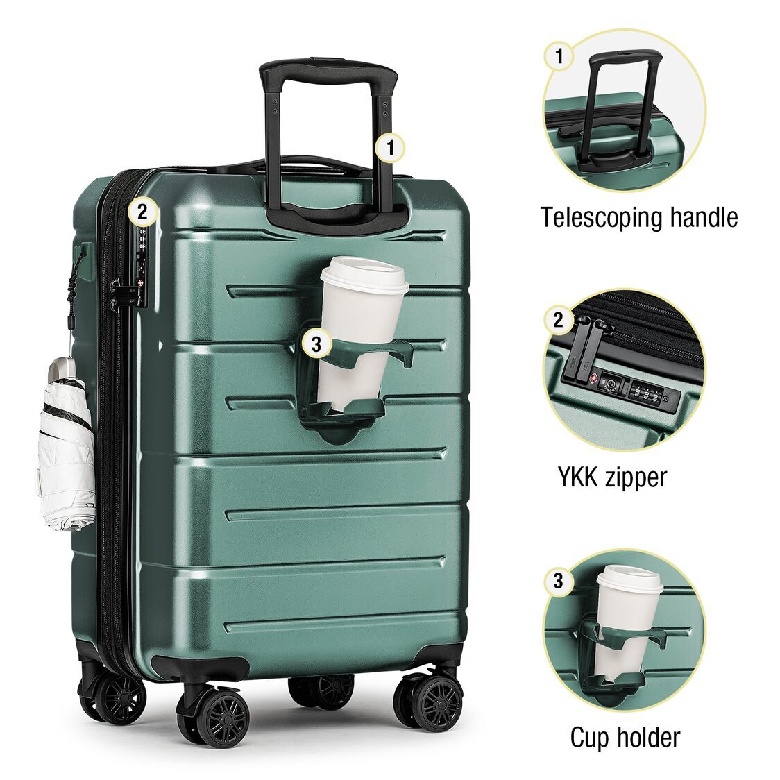 M Collection Expandable TSA Lock 360 Silent Brake Wheel Luggage Dark Green