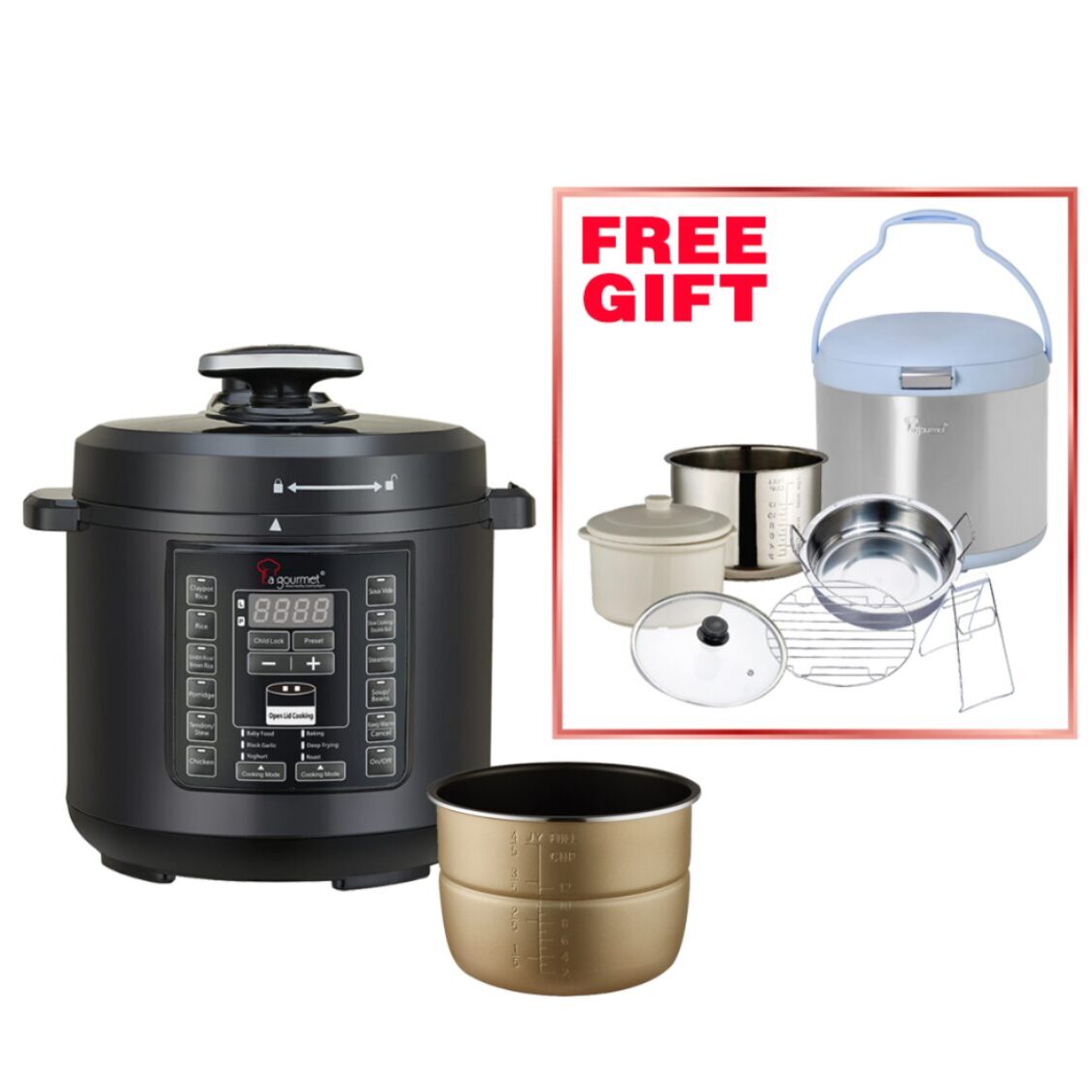 La Gourmet 6L Multifunctional Pressure Cooker with Free 6pcs Accessories Set & 4.5L Thermal Cooker (361806 + 362575 + 361356)