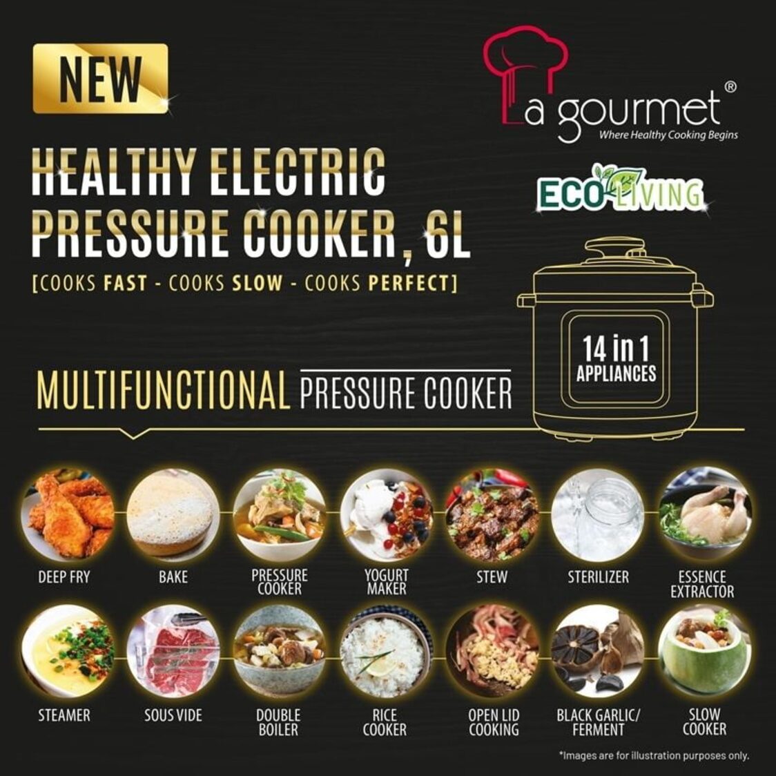 La Gourmet 6L Multifunctional Pressure Cooker with Free 6pcs Accessories Set & 4.5L Thermal Cooker (361806 + 362575 + 361356)