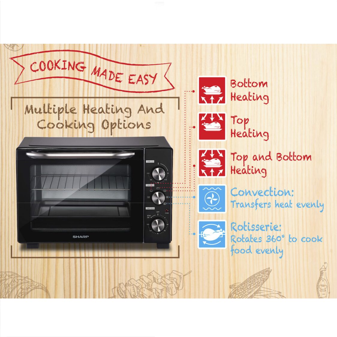 Sharp 32L Electric Oven With Rotisserie Fork and Convection Function (EO-327R-BK)