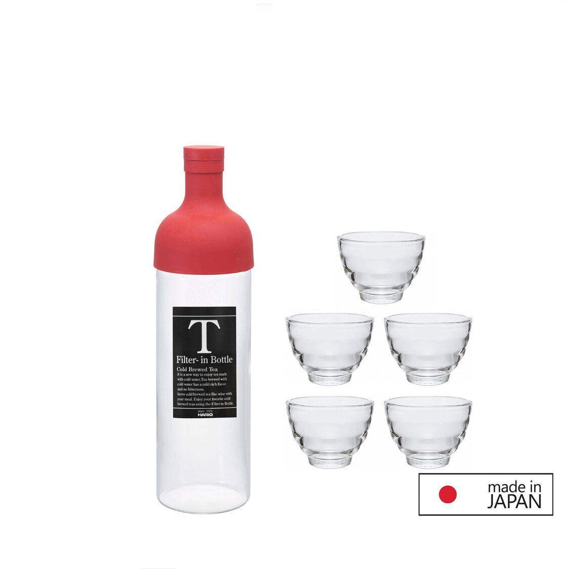 HARIO 750ml Cold Brew Filter in Bottle With 5PC Glass Cup Set - Red (FIB-75R & HU-3012)