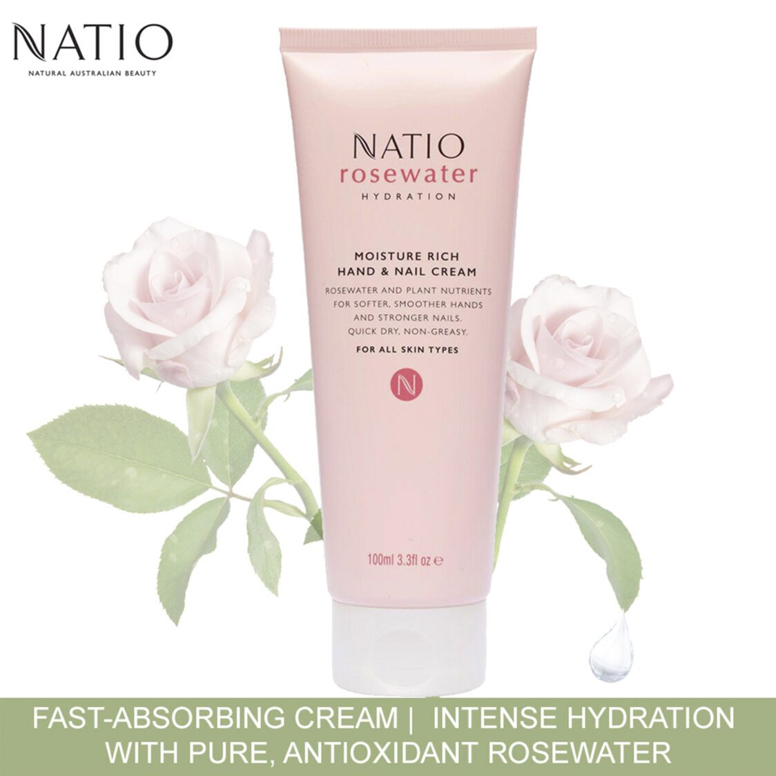 Natio Rosewater Hydration Moisture Rich Hand & Nail Cream 100ml