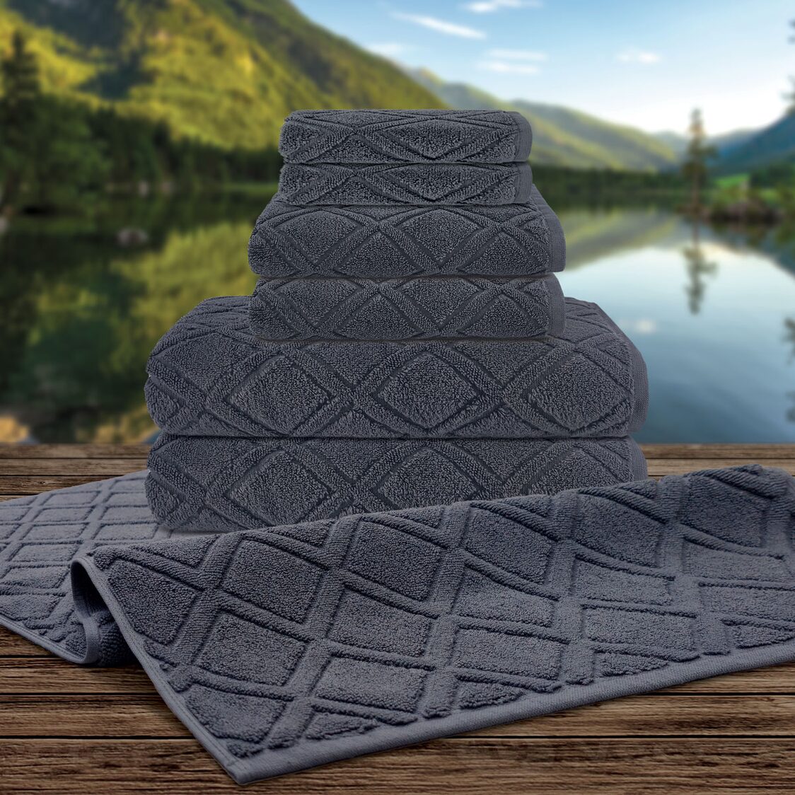 Signature Collection Thalia The Voiage Jacque Series Airsense 7 PC Exquisite set (2 Face Towel + 2 Hand Towel + 2 Bath Towel + 1 Terry Mat ) - Charcoal