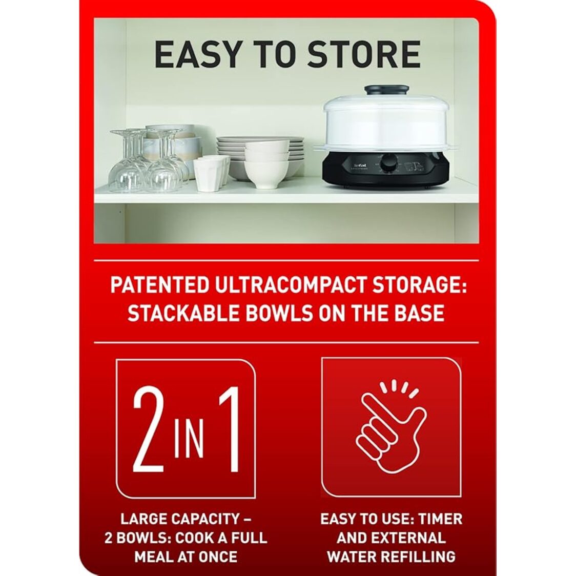 Tefal New Minicompact Steamer 2 Tier 6L (VC1398)