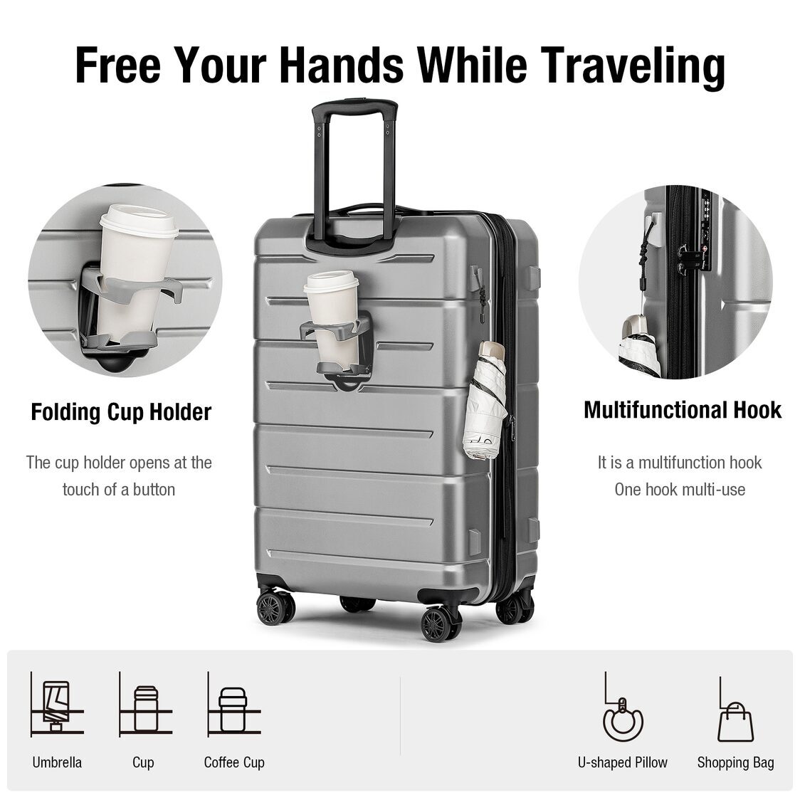 M Collection Expandable TSA Lock 360 Silent Brake Wheel Luggage Silver Grey