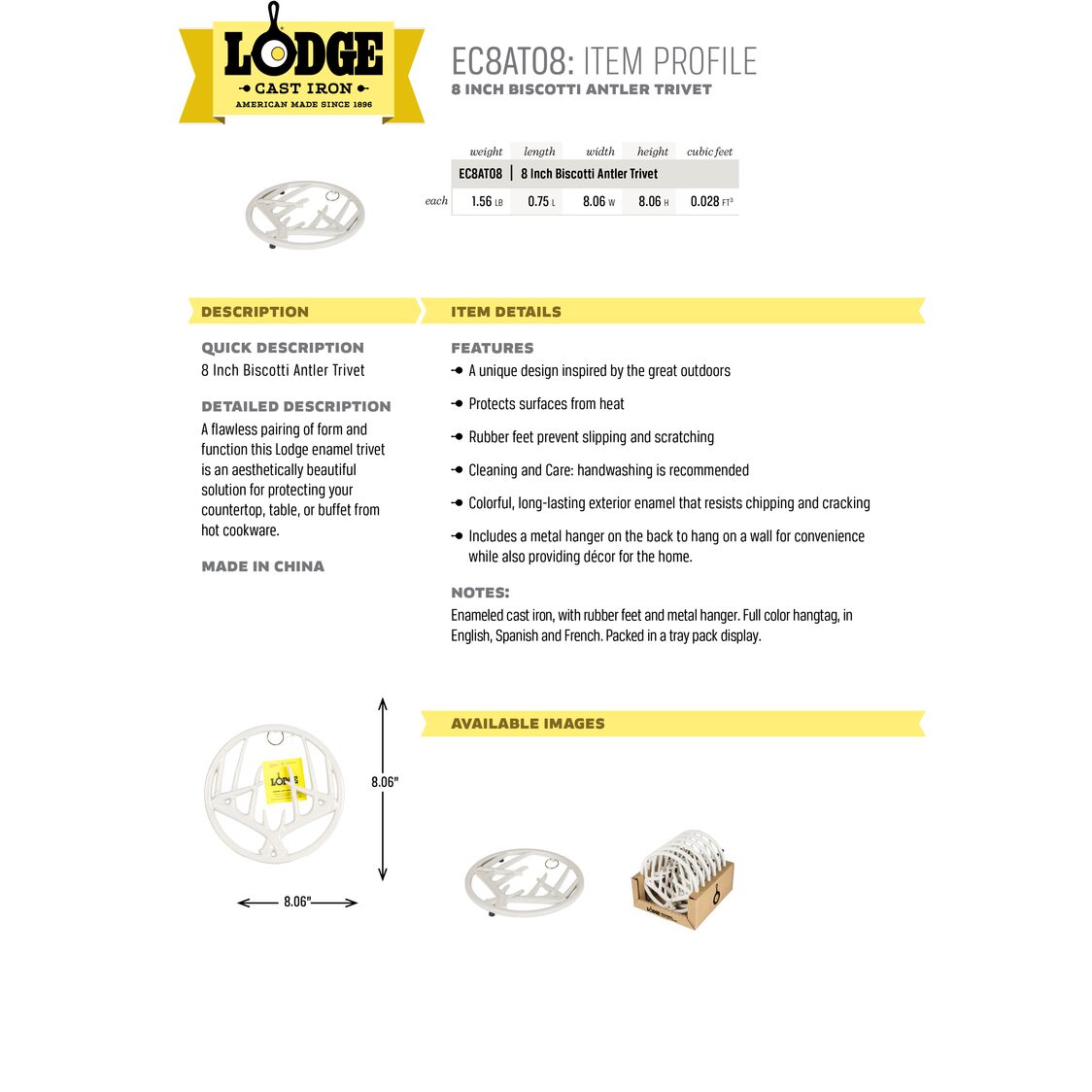 Lodge 8 Inch Biscotti Enameled Cast Iron Antler Trivet