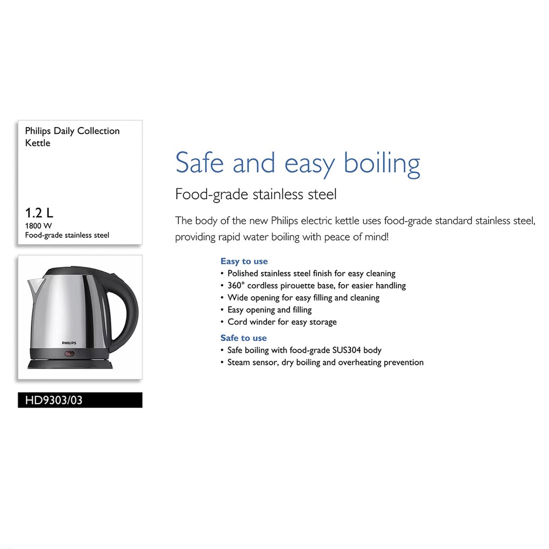 Philips Daily Collection Stainless Steel Kettle 1.2L, 1800W  (HD9303/03)