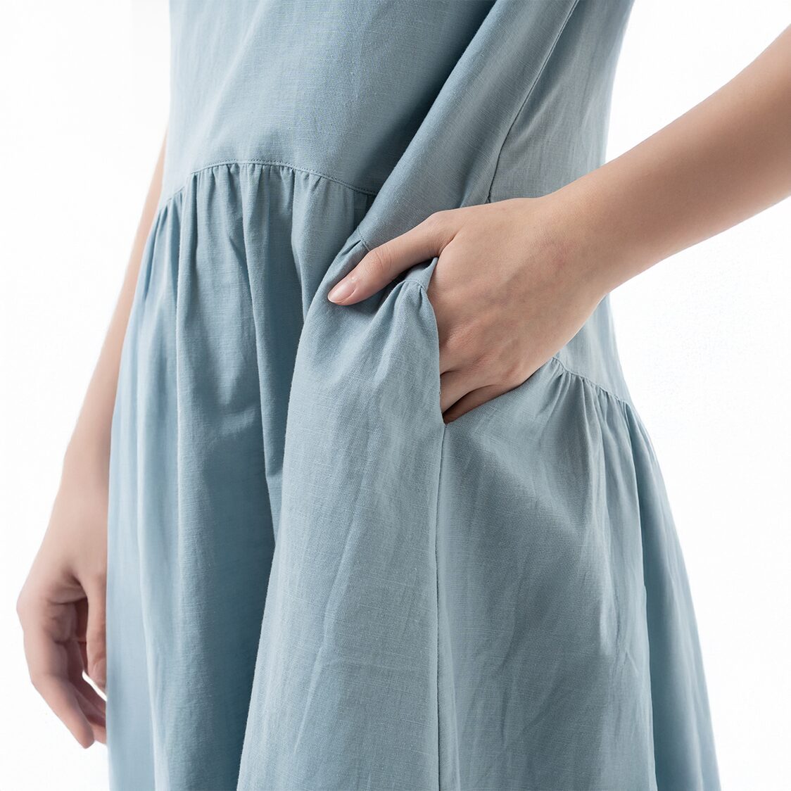 K/Woods Effortless Gathered Midi Dress in Teal Blue