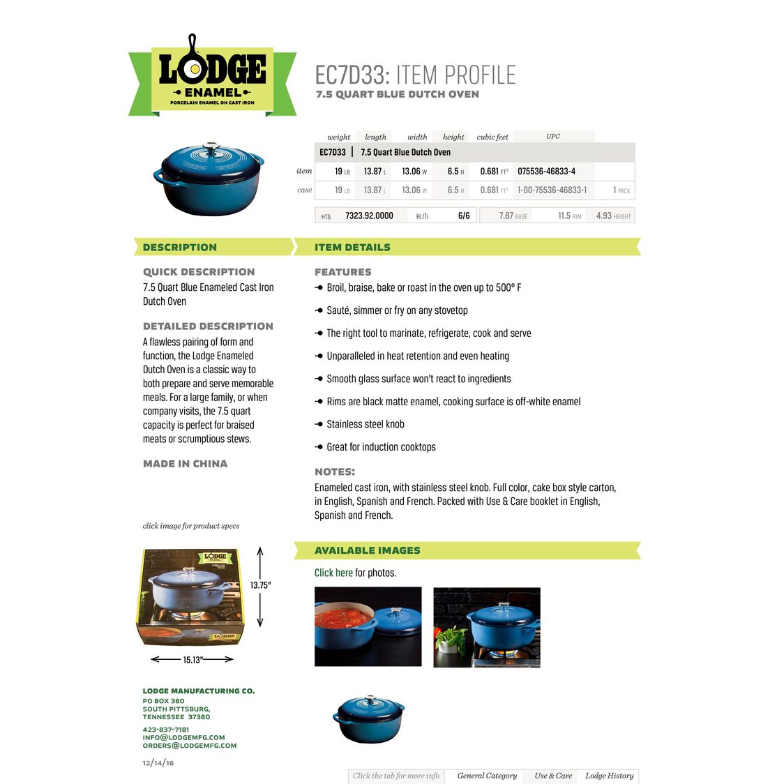 Lodge 7.5 Quart Blue Enameled Cast Iron Dutch Oven