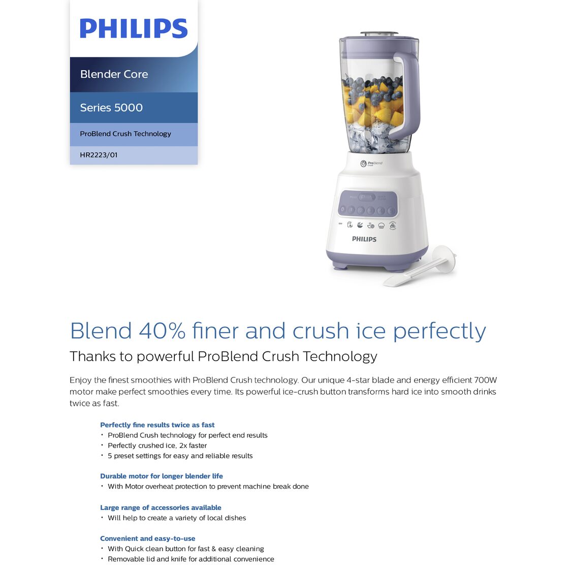 Philips Series 5000 Blender With Dry Mill, Chopper, Filter 700W Plastic Jar (HR2223/01)