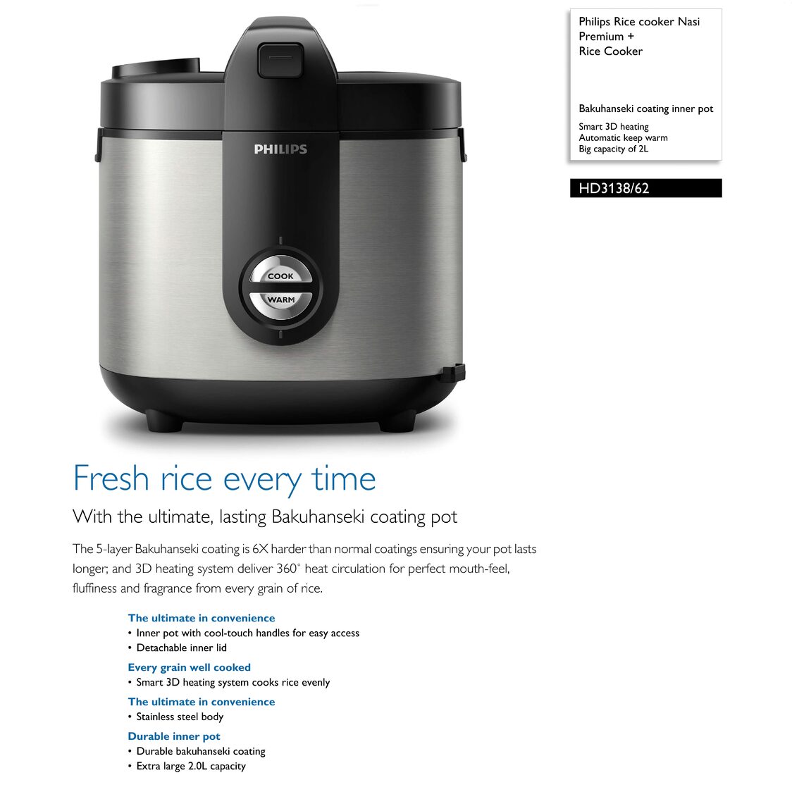 Philips Nasi Premium+ Rice Cooker 2L (HD3138/62)