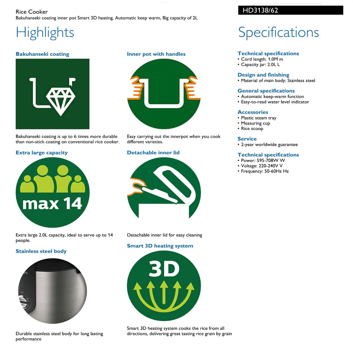 Philips Nasi Premium+ Rice Cooker 2L (HD3138/62)