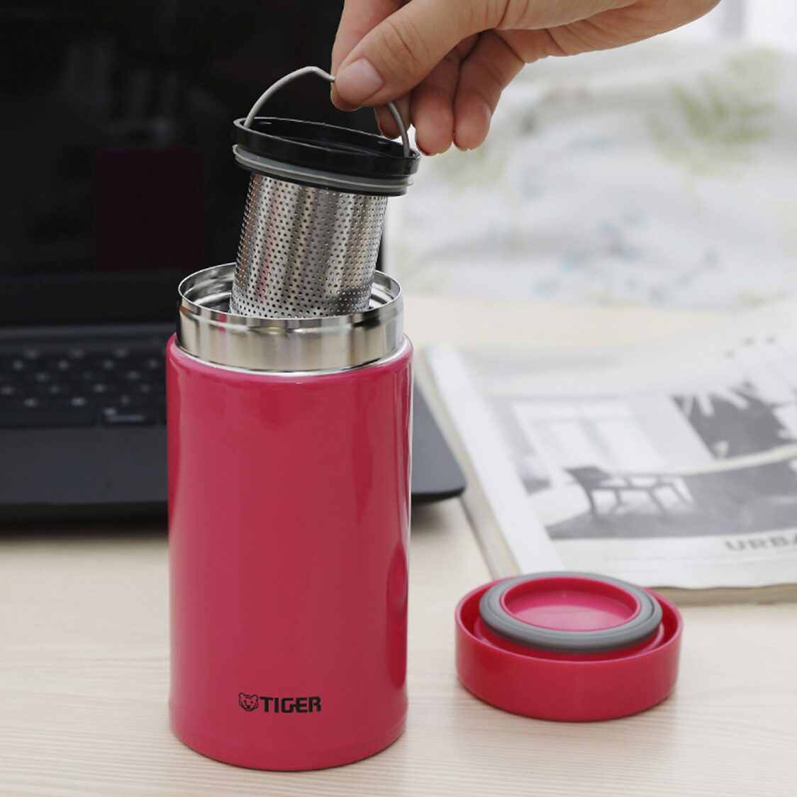 TIGER Double Stainless Steel Mug with Tea Strainer 360ml - Pink (MCA-T360 PI)