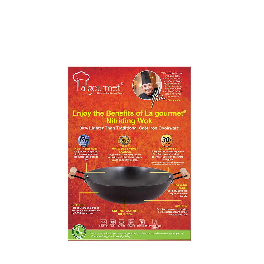 La Gourmet 30cm Nitriding Open Wok (LGMCWCI347664) + Free Shogun 18cm Cleaver (Worth $69.90) (LGSNKE414908)