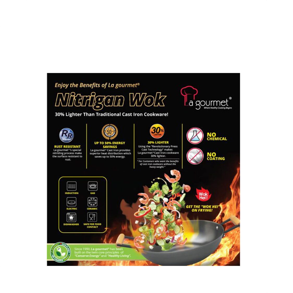 La Gourmet 30cm Nitriding Open Wok (LGMCWCI347664) + Free Shogun 18cm Cleaver (Worth $69.90) (LGSNKE414908)