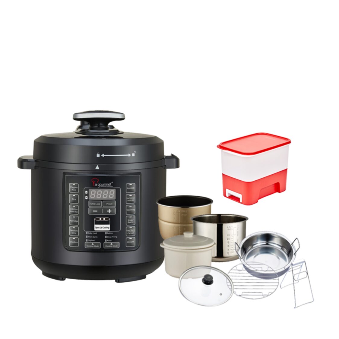 La Gourmet 6L Multifunctional Pressure Cooker with Free 6pcs Accessories Set (LGELPC361806) & Tupperware 5KG Rice Smart Container (361806 + 362575 + 000377)