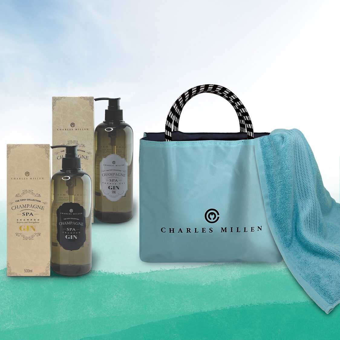 Charles Millen Signature Tipsy Spa Set - Tipsy Champagne Spa Shampoo + Shower Gel With Finsbury Bath Towel In Cabas Tote