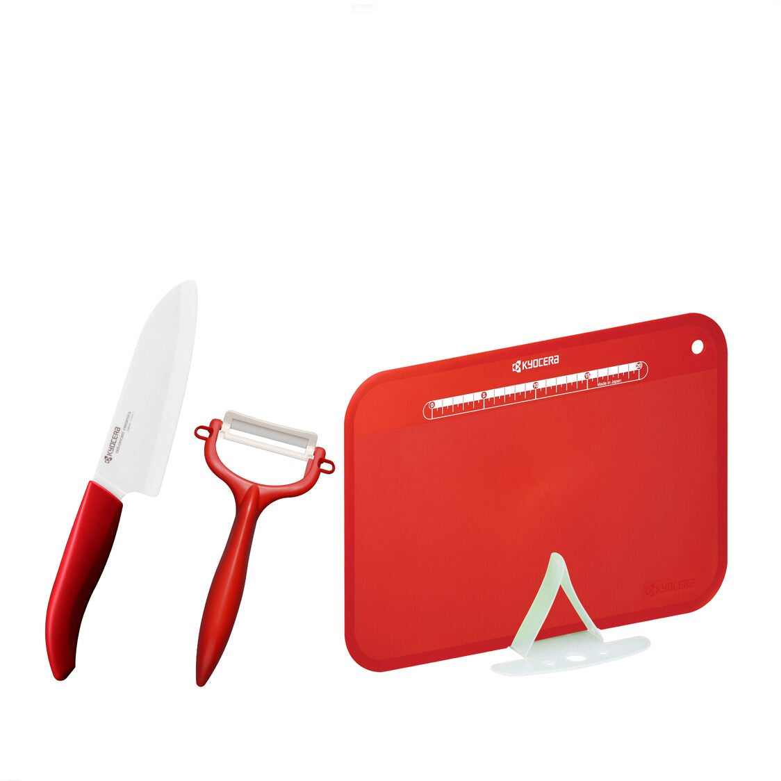 KYOCERA 5.5" Advanced Ceramic Santoku Knife & Peeler & Cutting Board Set (FK140WH-CP10NRD & CC-100RD)