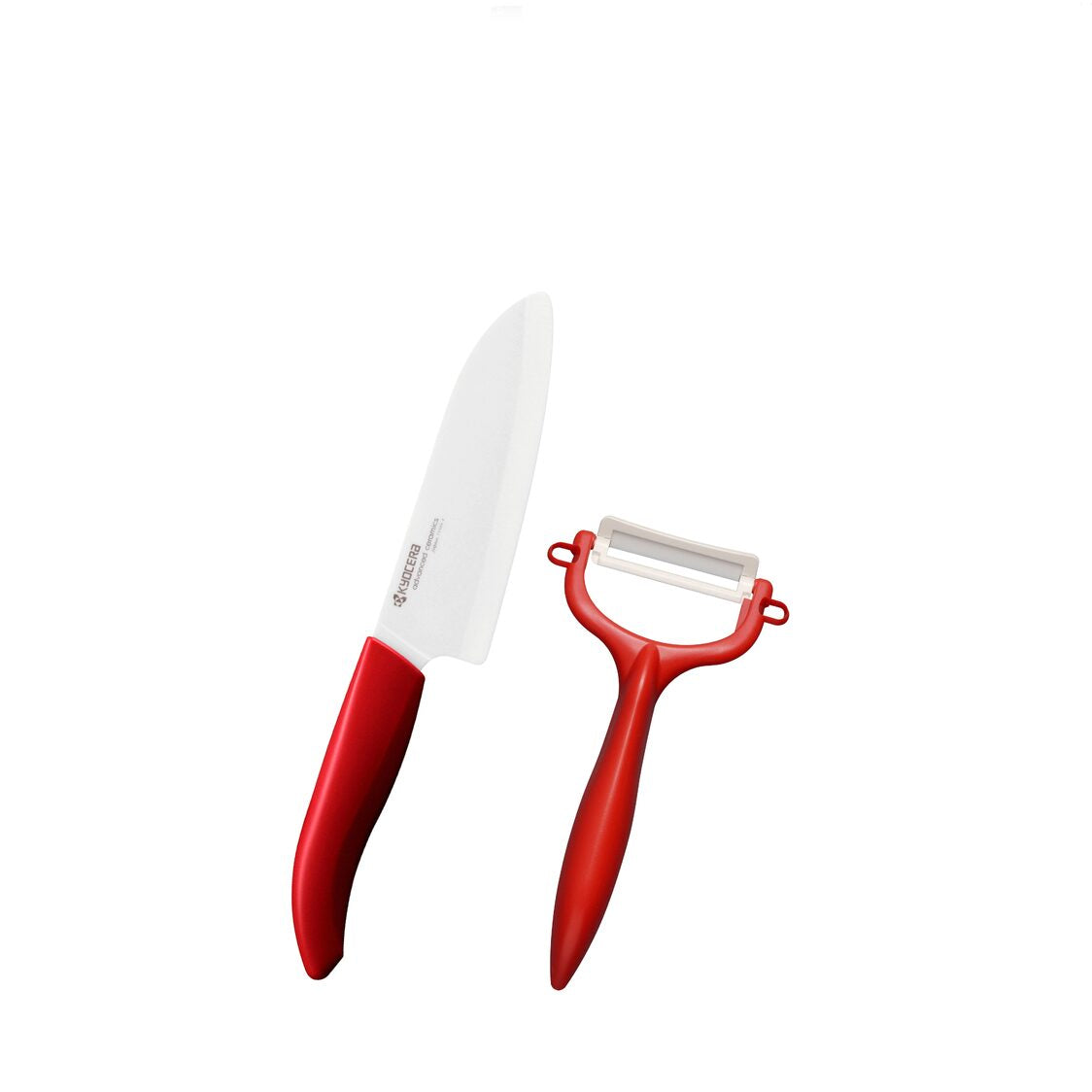 KYOCERA 5.5" Advanced Ceramic Santoku Knife & Peeler & Cutting Board Set (FK140WH-CP10NRD & CC-100RD)