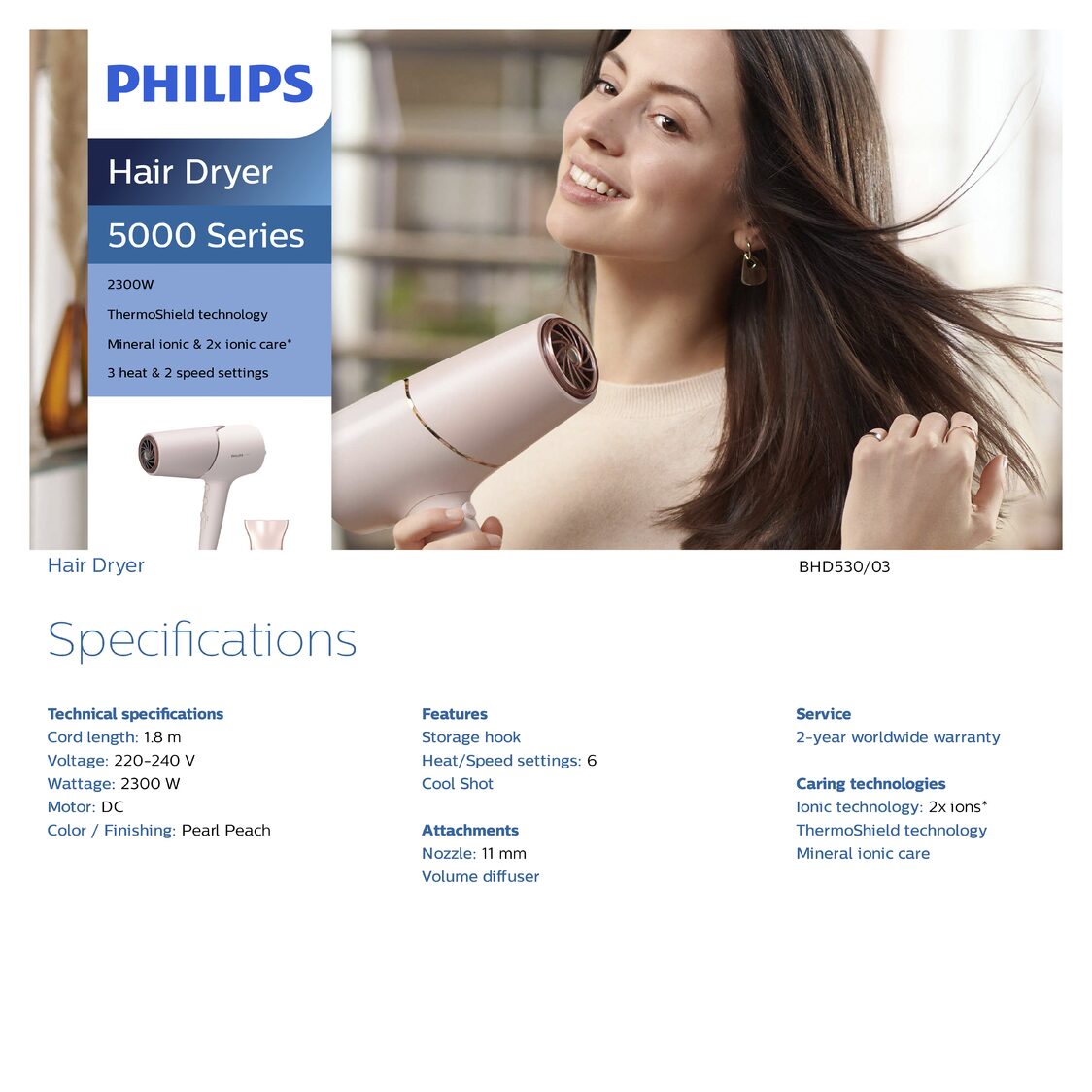Philips 5000 Series Hair Dryer with ThermoShield Technology 2300W (BHD530/03)