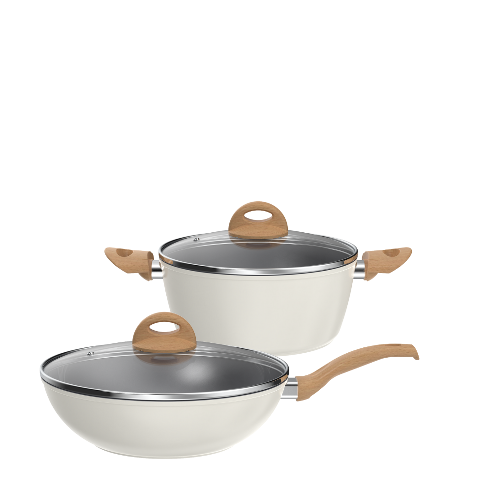 La Gourmet Shogun Vanilla 24cm Ceramic Casserole + 28cm Ceramic Wok + Flame 850ml Thermal Lunch Box