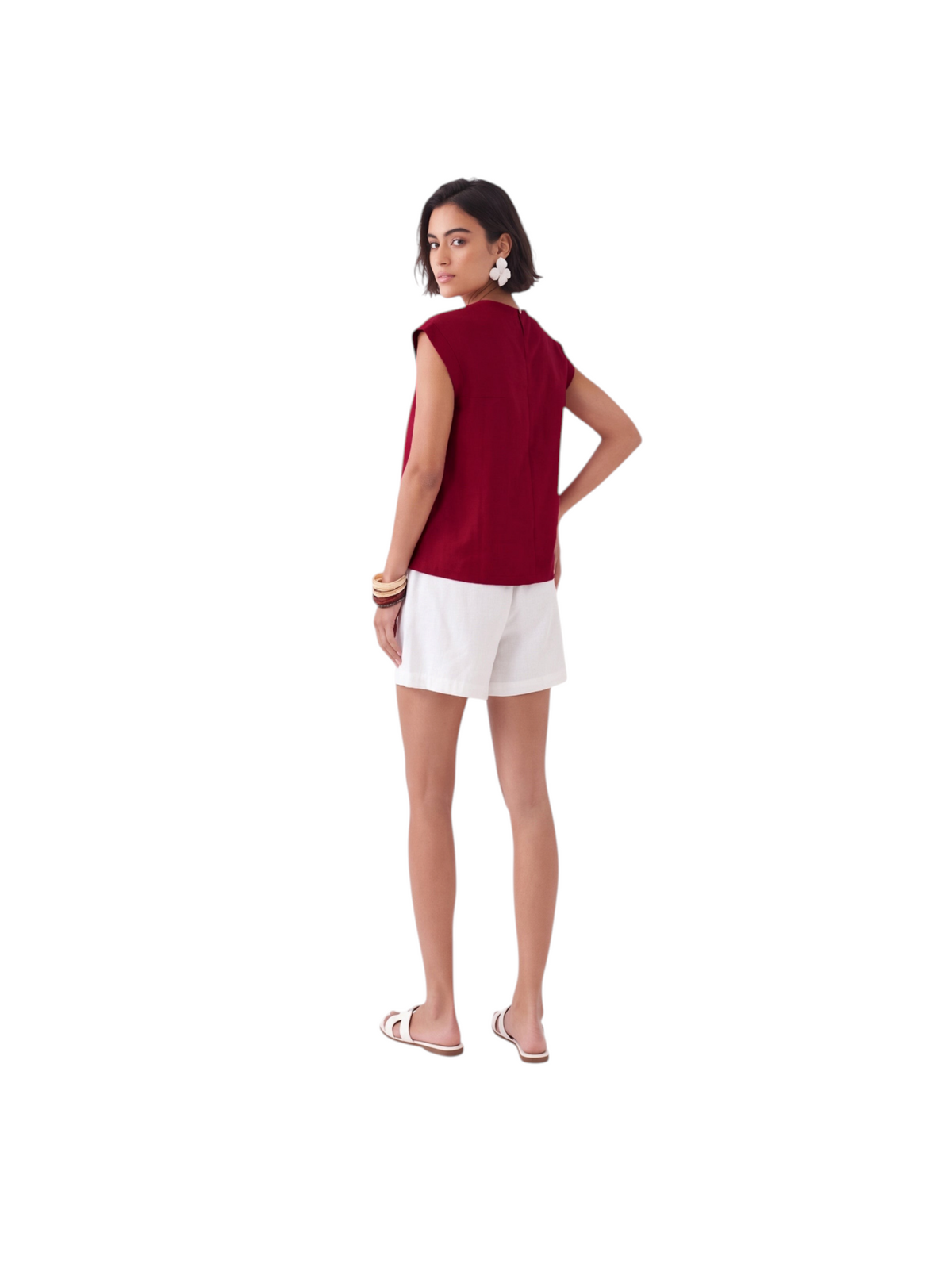 Metro Singapore Departmental Store - Celebrating 69 Years in SG K/Woods Ember top in deep red with cap sleeves.