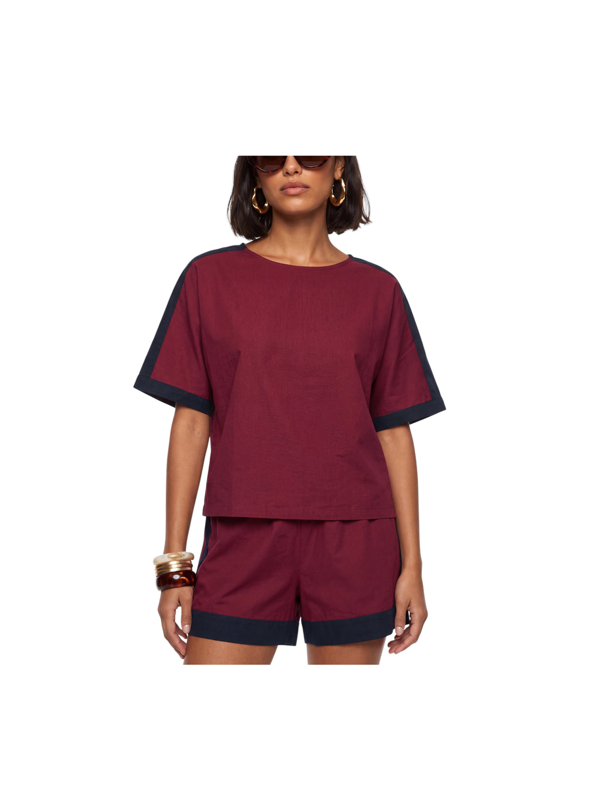 Metro Singapore Departmental Store - Celebrating 69 Years in SG K/Woods boatneck top in burgundy with navy piping.