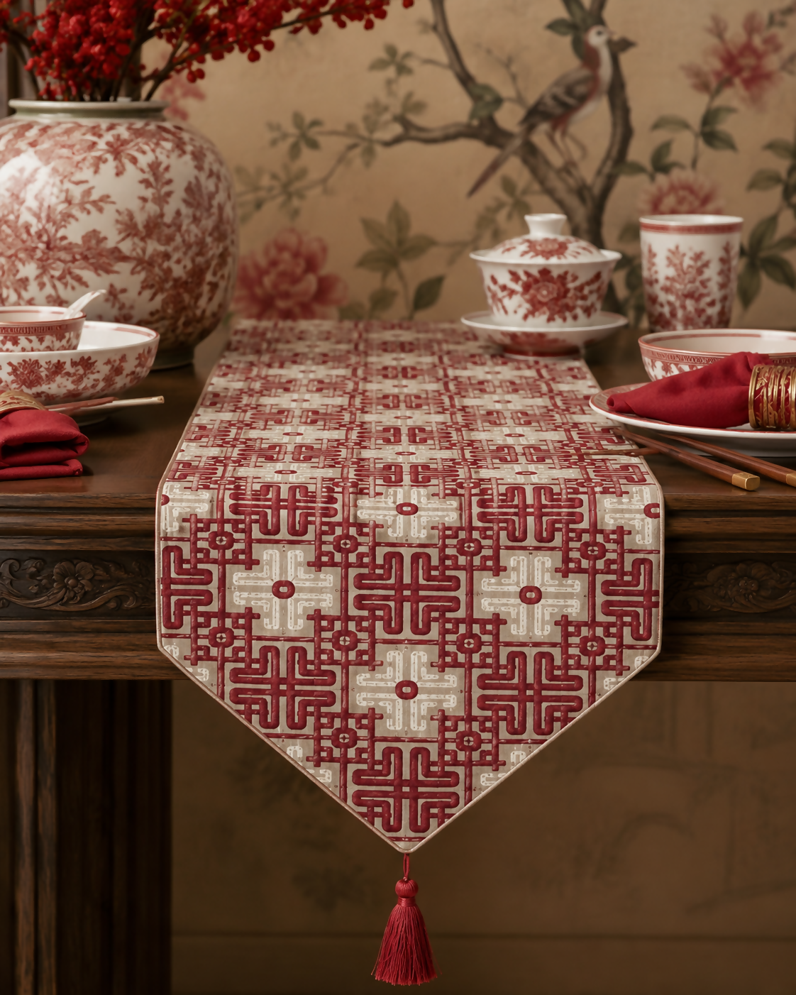 Rapee Orient Chinoiserie Woven Jacquard Table Runner with Tassel – 33 x 180 cm – Red
