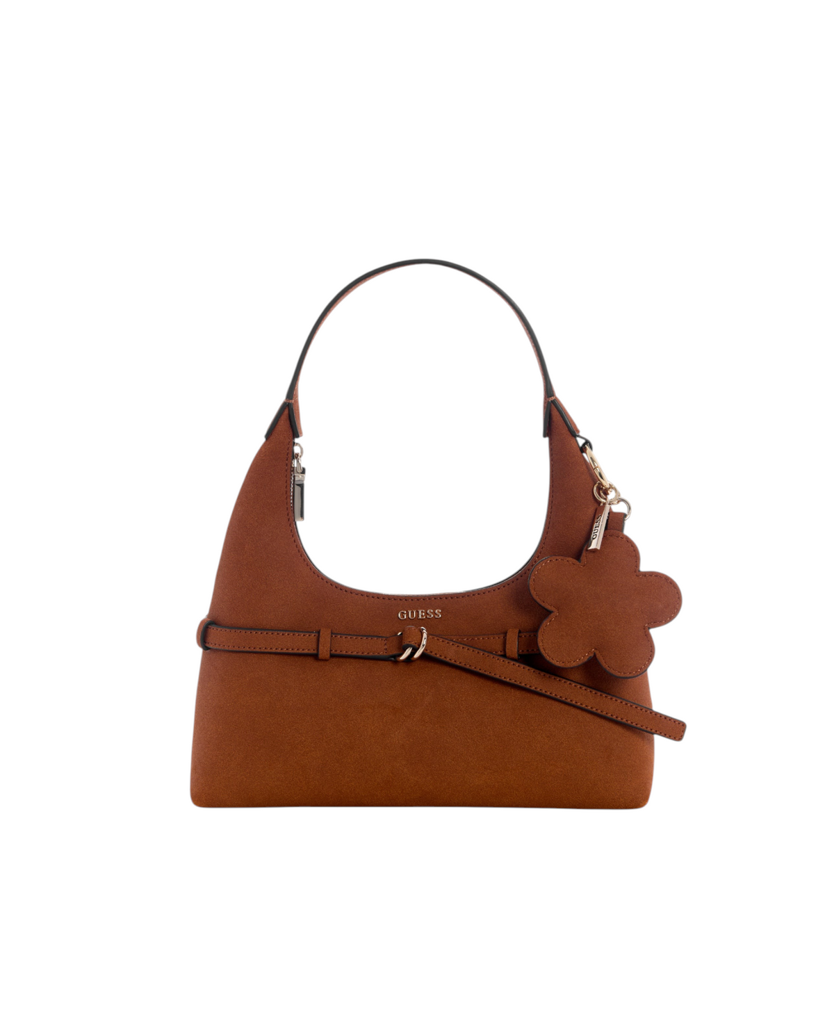 Guess Taylor Mini Hobo bag in brown suede with a decorative flower charm, sold at Metro Singapore Departmental Store