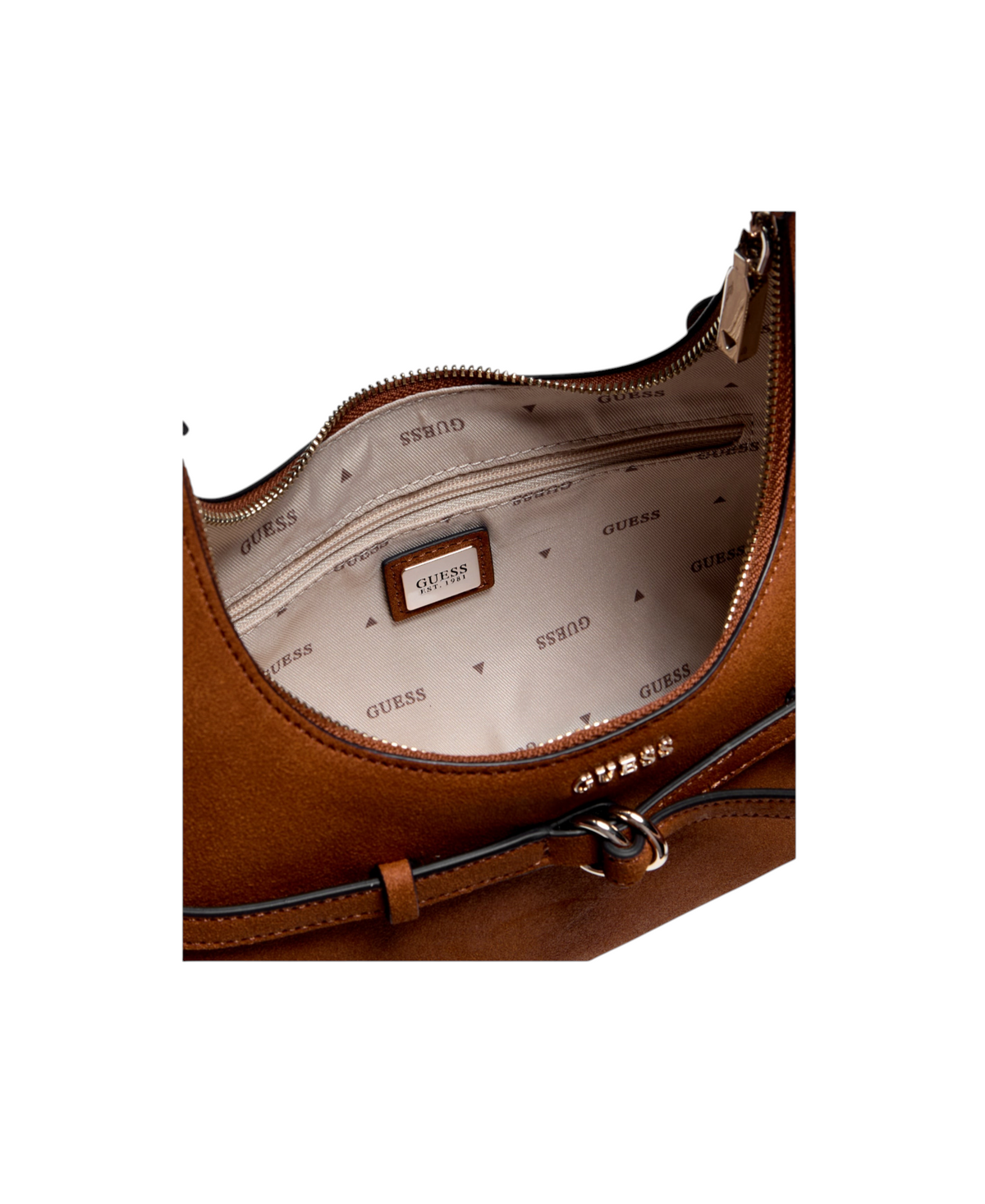 Interior view of the brown Guess Taylor Mini Hobo bag from Metro Singapore Departmental Store - Celebrating 69 Years in SG, featuring branded lining and a zip pocket.