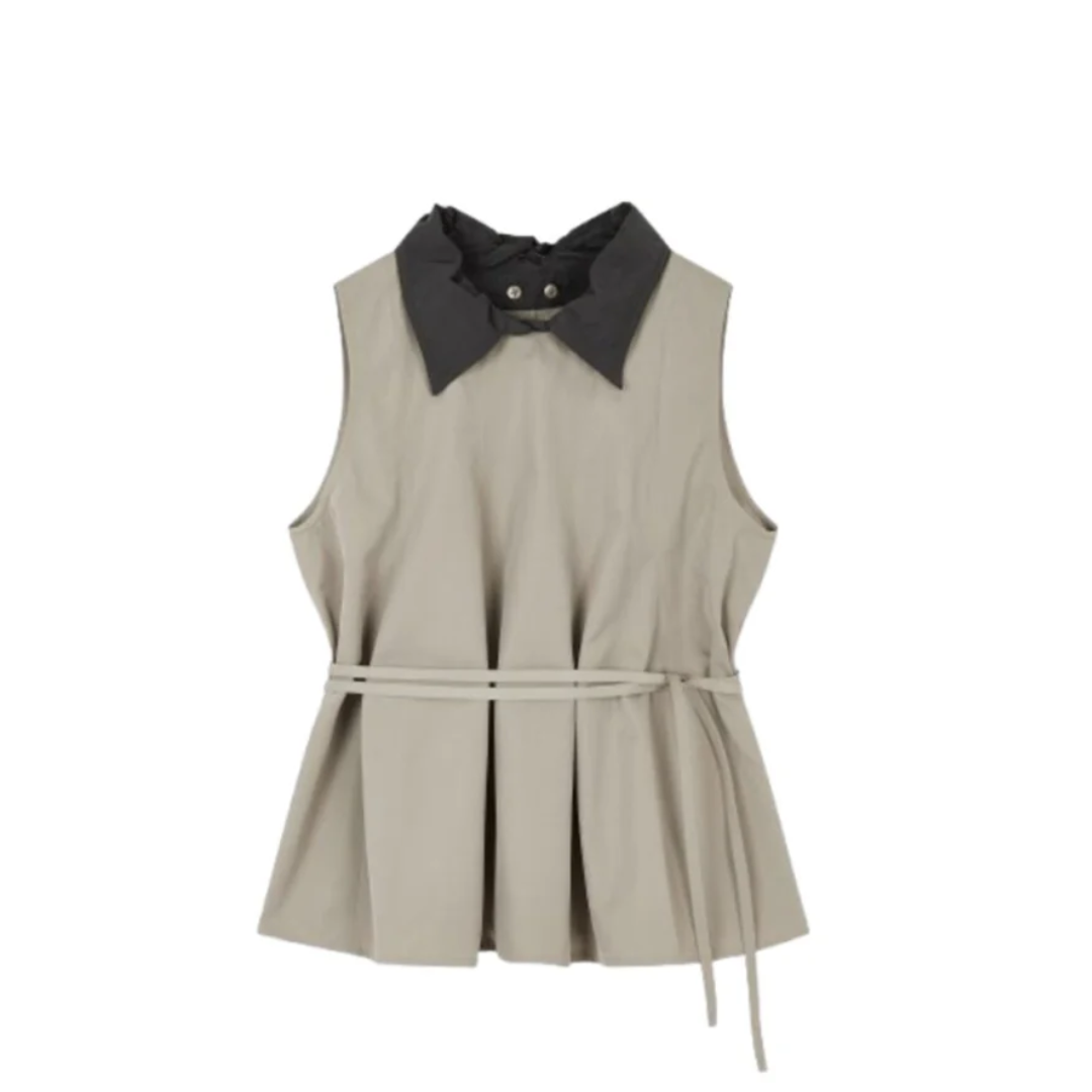 Studio Tomboy Detachable Collar A-Line Flared Blouse Khaki Beige