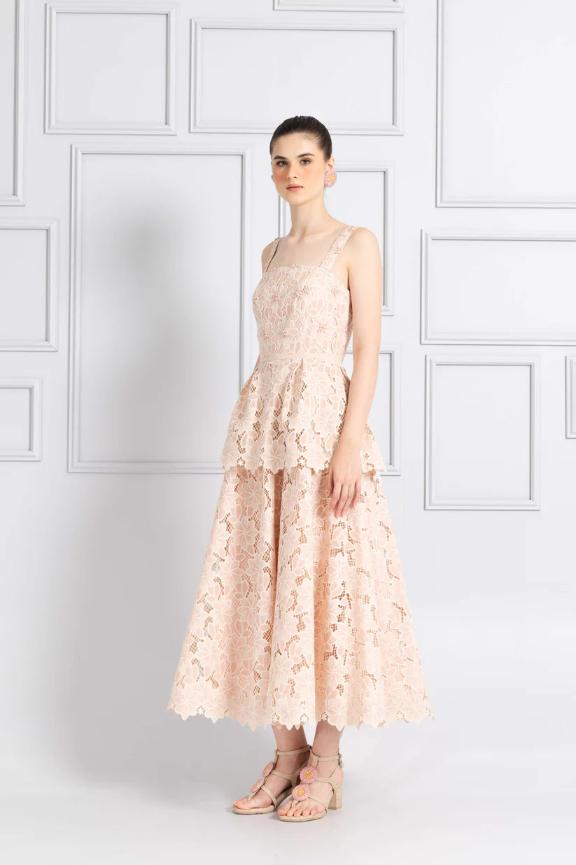 Votum Heritage Lace Embroidered Midi Dress in Peach S