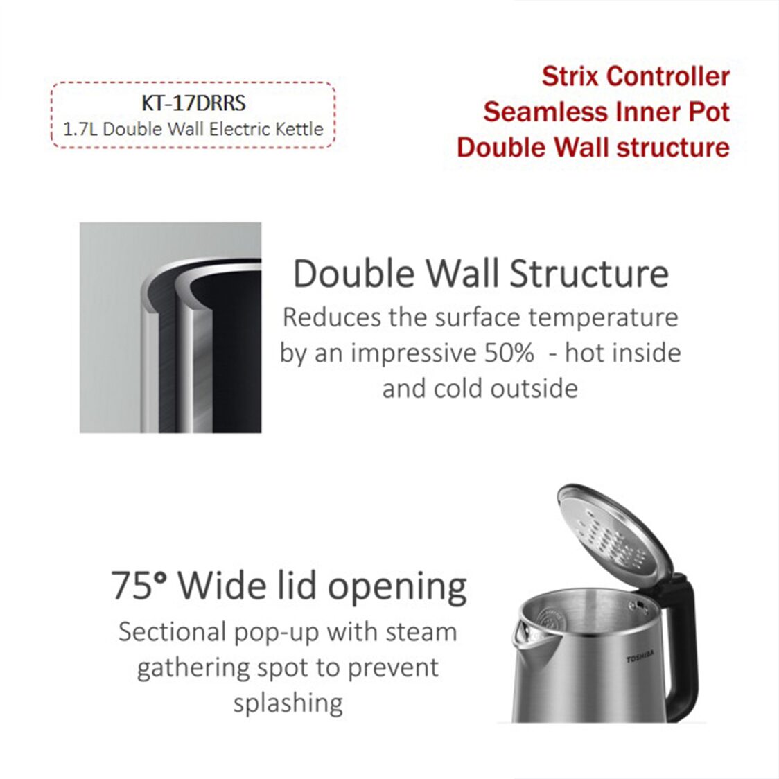 Toshiba 1.7L Double Wall Stainless Steel Kettle (KT-17DRRS)