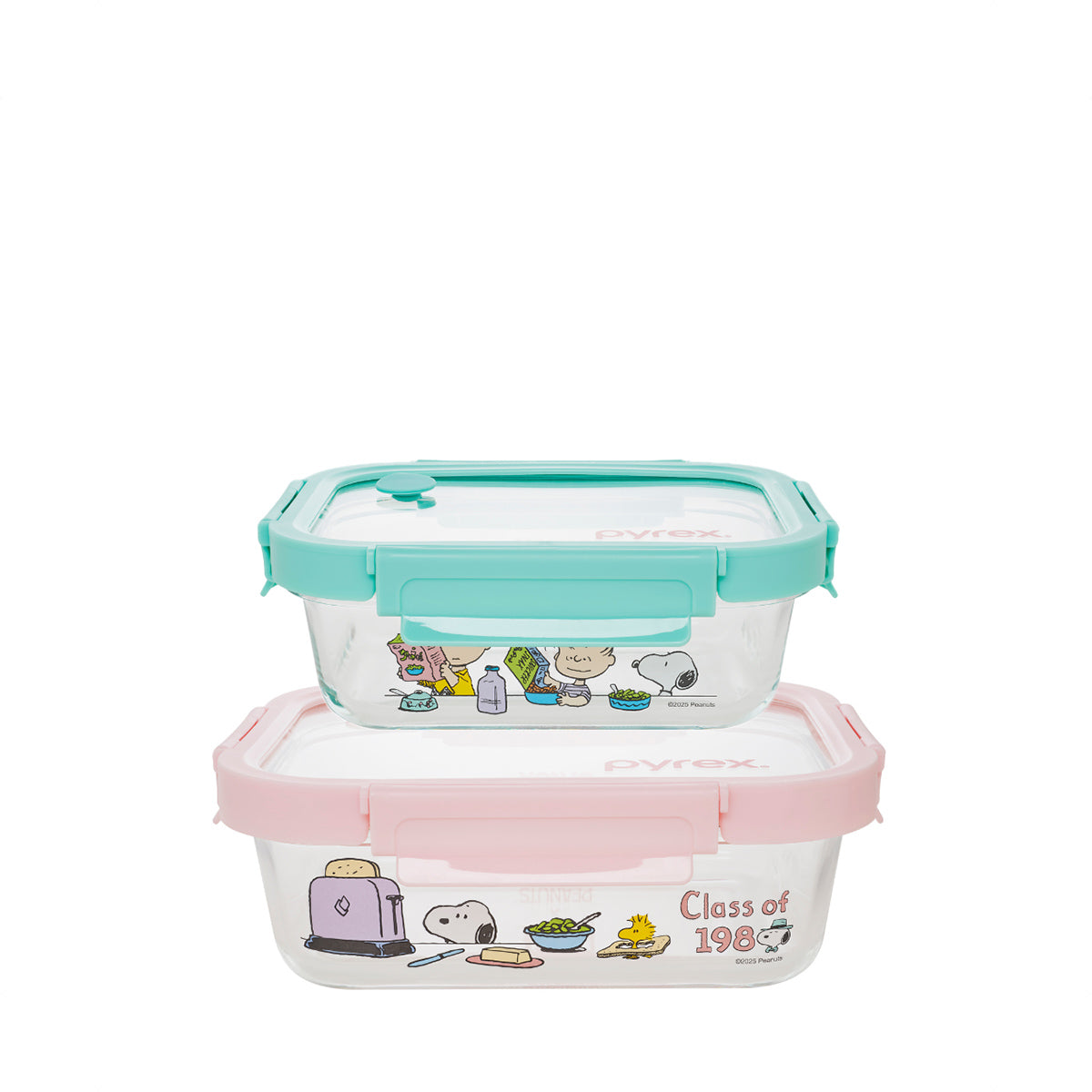 Pyrex 2pc Rectangle Glass Storage 640ml + 1050ml - Snoopy Brunch