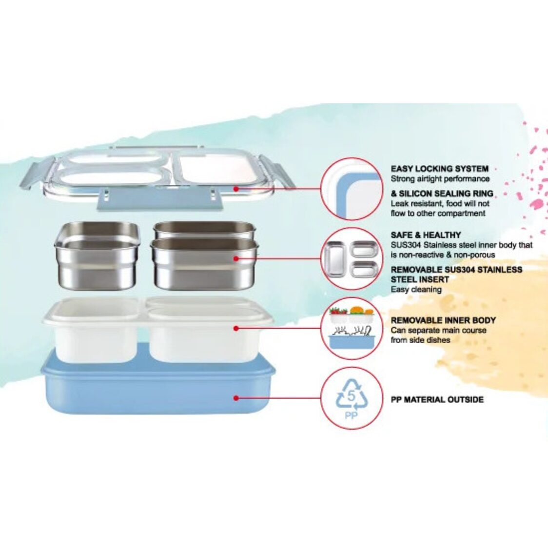 La Gourmet Sassy 1.2L 3 Compartments Stainless Steel Insert Lunch Box