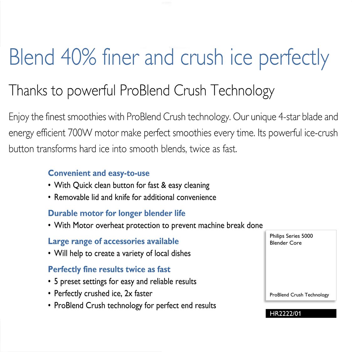 Philips Series 5000 Blender with Dry Mill 700W, Glass Jar (HR2222/01)