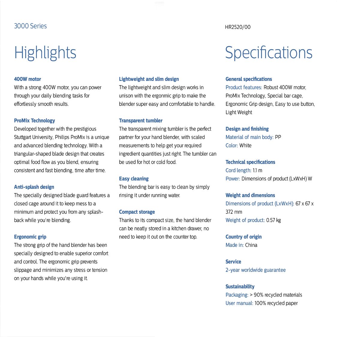 Philips 3000 Series 400W ProMix Hand Blender (HR2520/01)