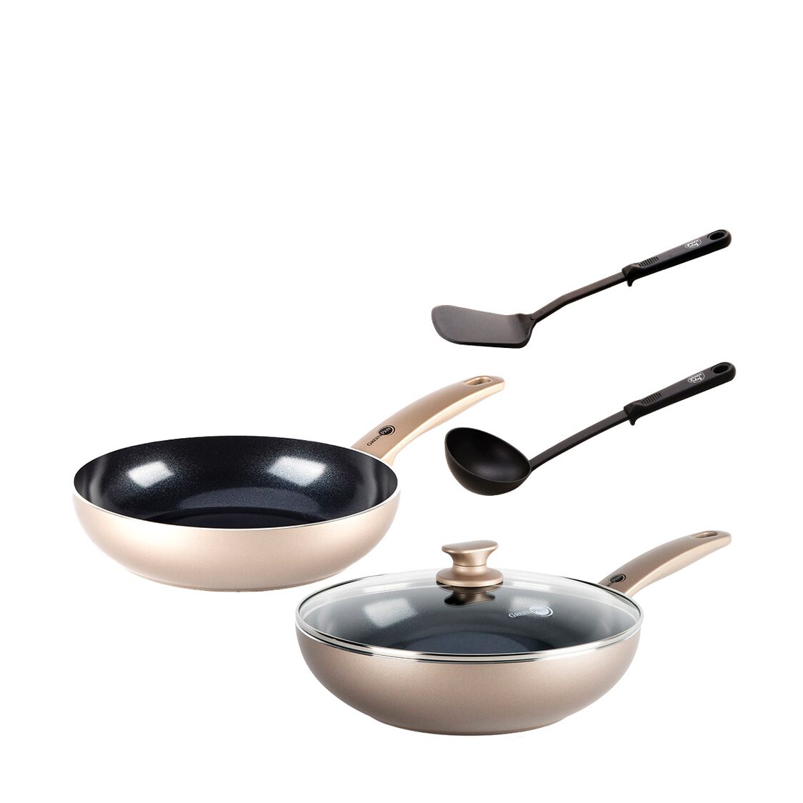 Greenpan Camb Bronze Ceramic 28cm Covered Wok + 24cm Deep Frypan + Spatula & Ladle Set ( 044517 + 675921 + 010734 )