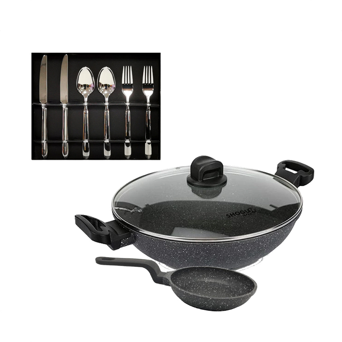 La Gourmet Shogun Marble 32cm Wok With 14cm Eggpan + 6pcs Cutlery Set