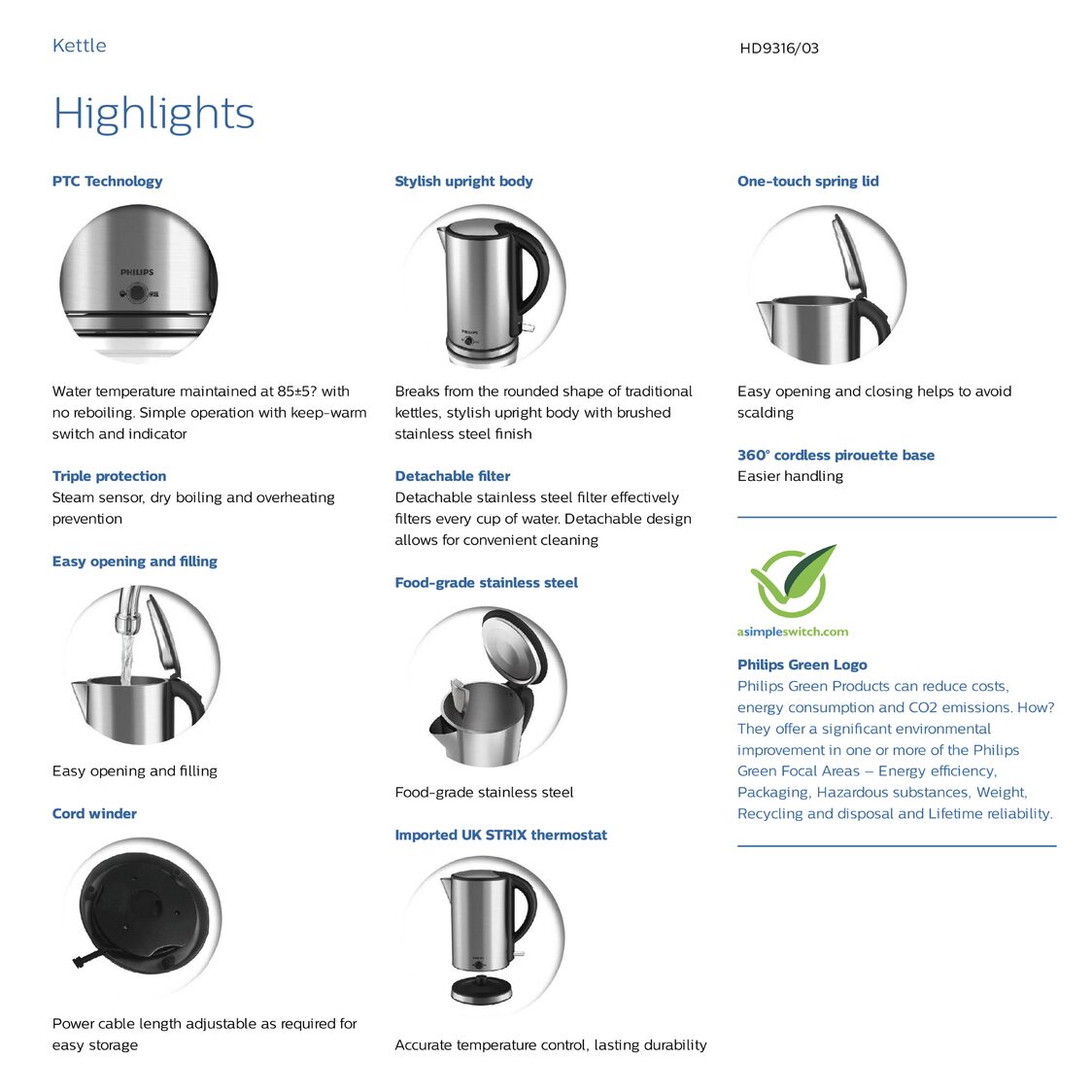 Philips Viva Collection Stainless Steel Kettle 1.7L, 1600W (HD9316/03)