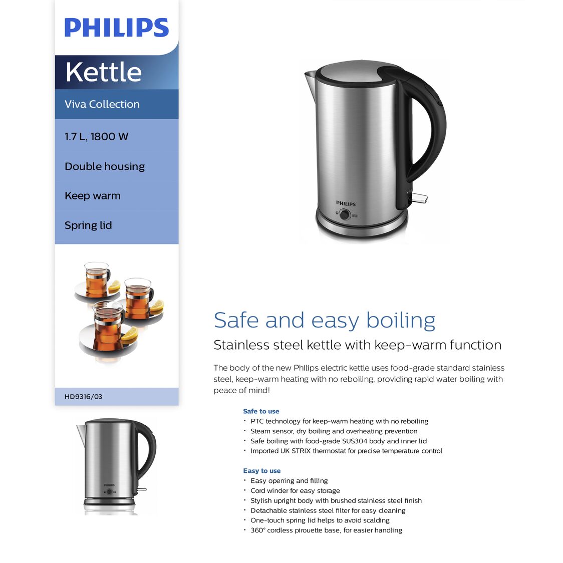 Philips Viva Collection Stainless Steel Kettle 1.7L, 1600W (HD9316/03)