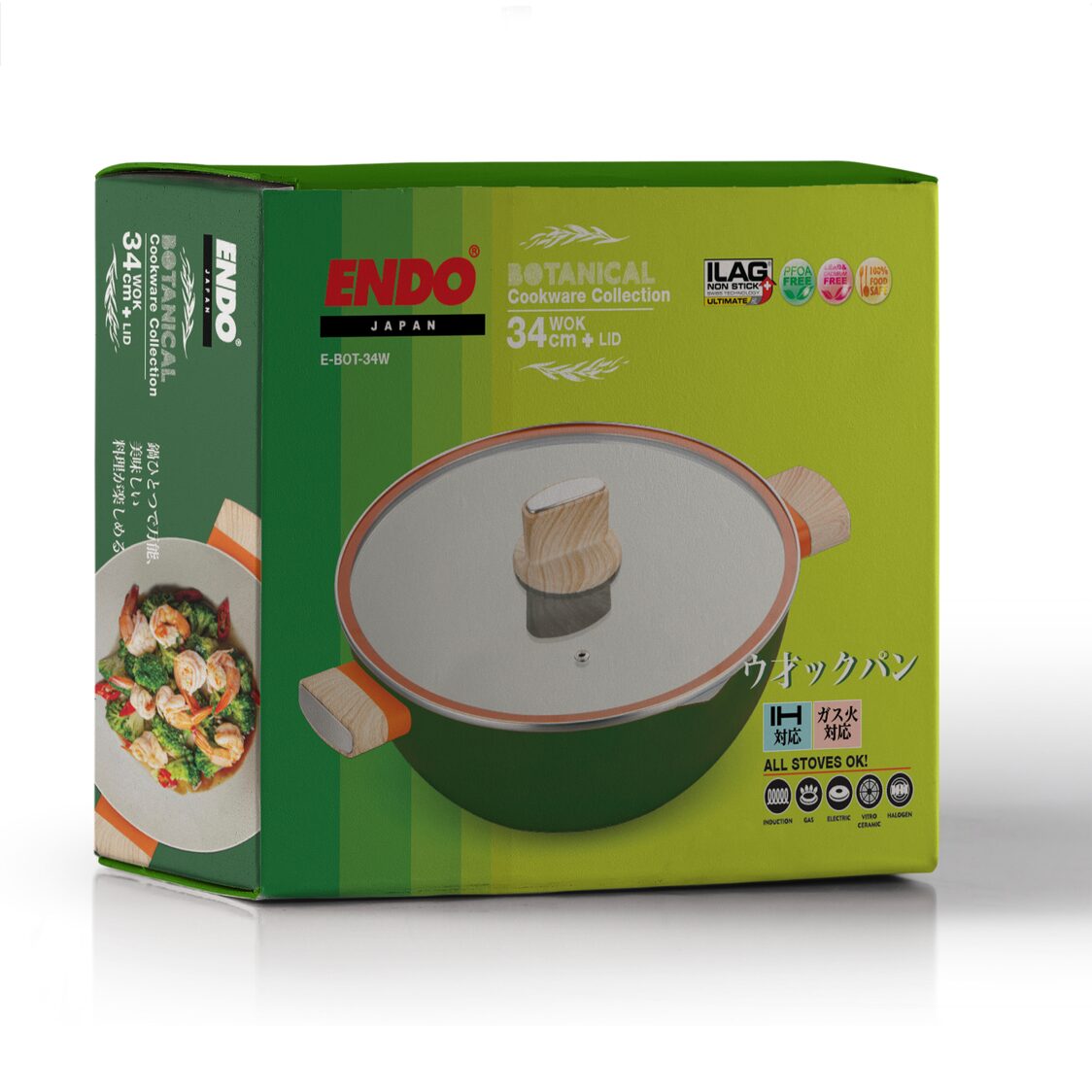 Endo Botanical 34cm IH Non-stick Wok With Glass Lid (E-BOT-34W)