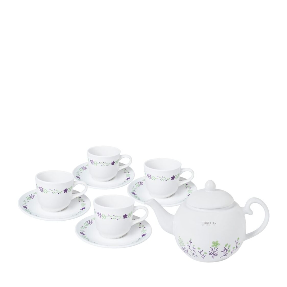 Corelle Coordinates 8pc Cup and Saucer Set with Free 850ml Teapot - Handmade Flora 511/506S-4/1TP-HMF