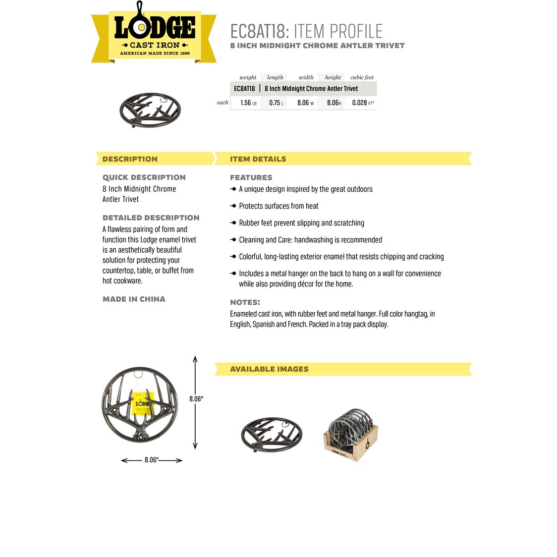 Lodge 8 Inch Midnight Chrome Enameled Cast Iron Antler Trivet