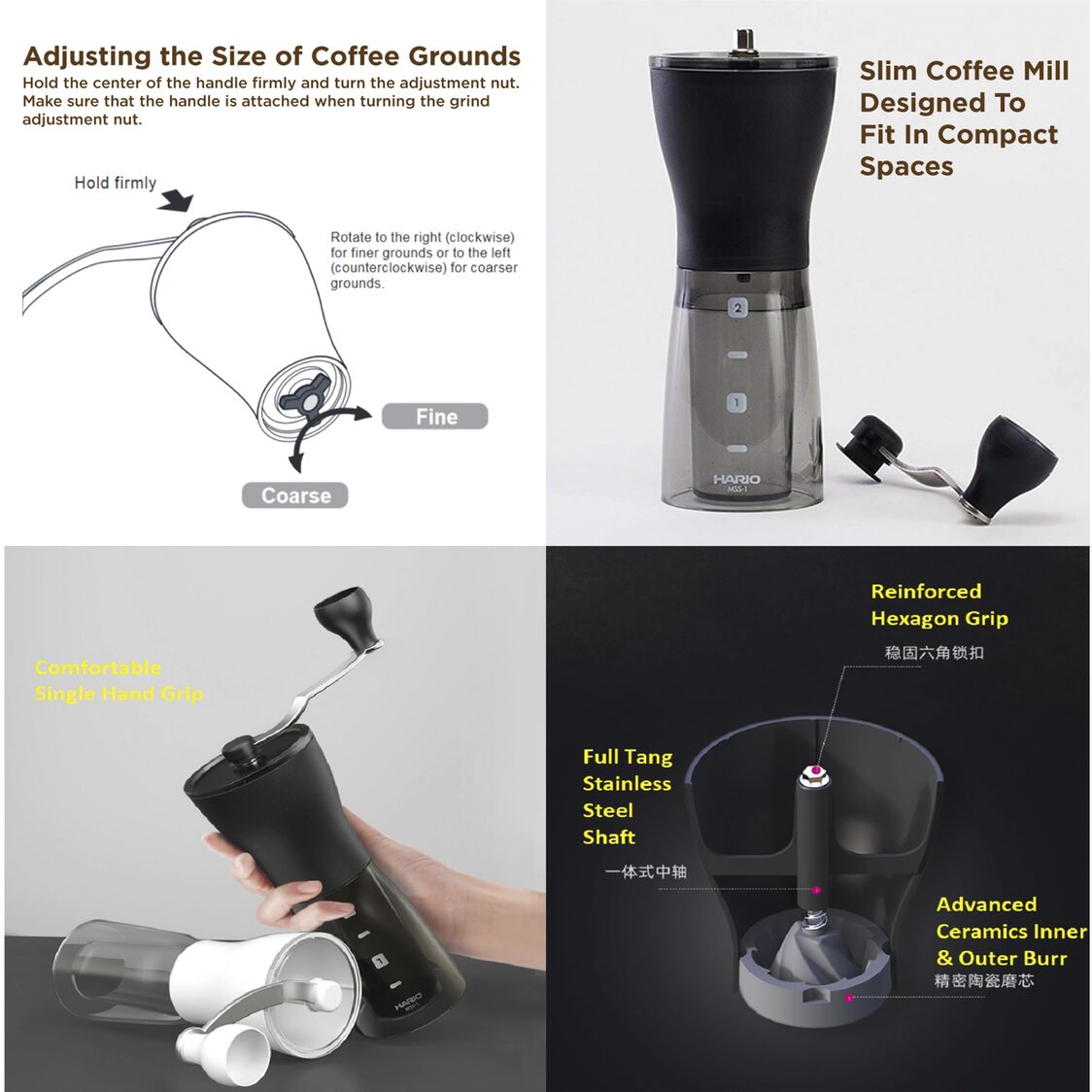 HARIO Ceramic Coffee Mill Mini Slim+ (MSS-1DTB)