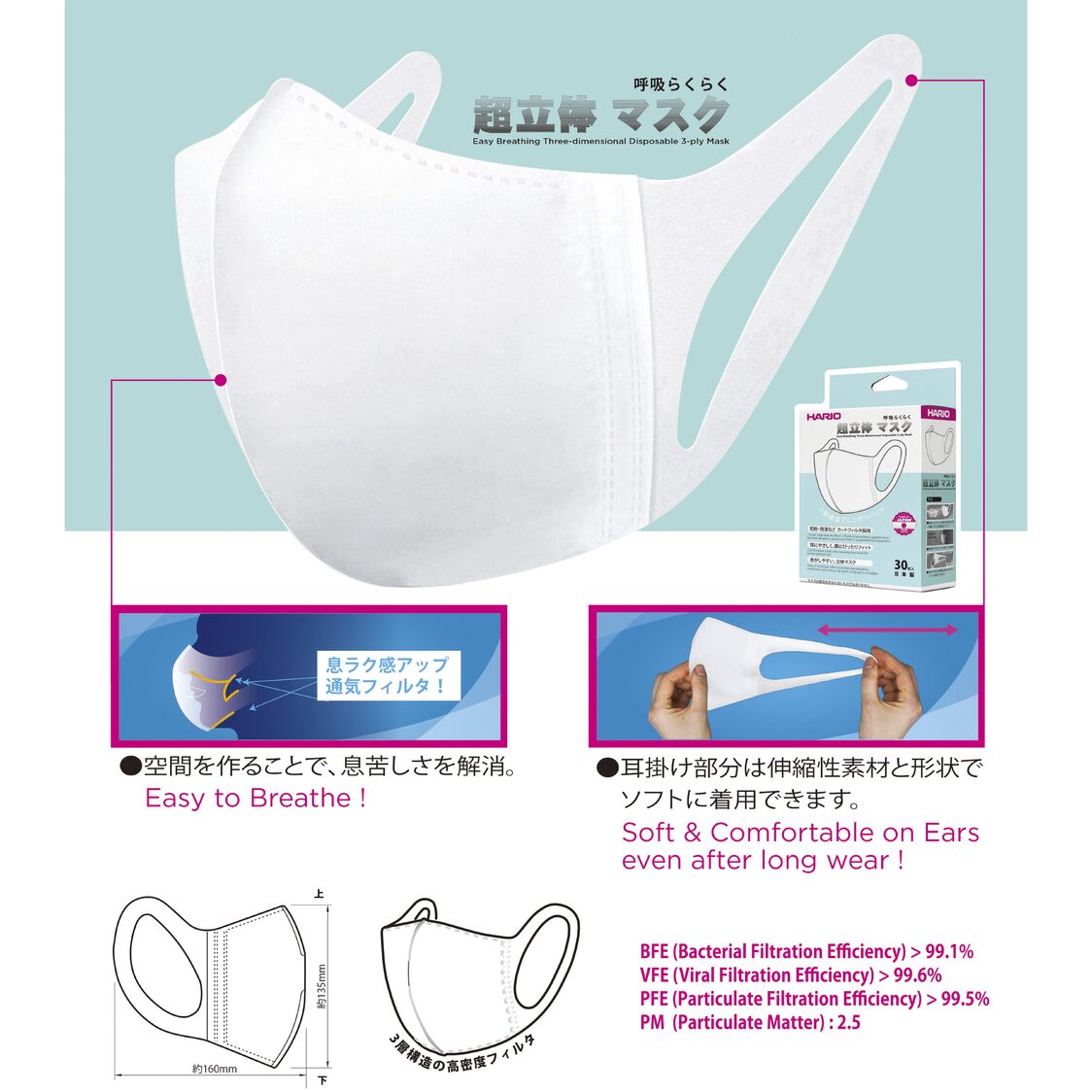 HARIO Easy Breathing 3-D Disposable 3-Ply Mask (2 Packs/60-Piece, Premium Quality Made In Japan)