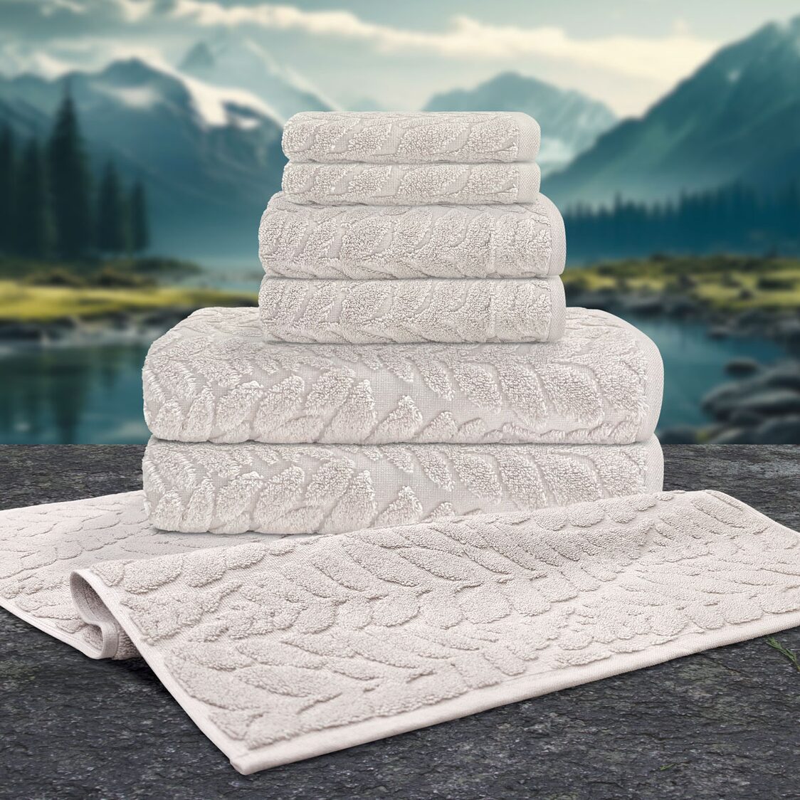 Charles Millen Signature Collection Chryssa The Jacque Series Airsense 7 PC Exquisite set ( 2 Face Towel + 2 Hand Towel + 2 Bath Towel + 1 Terry Mat ) - Stone - Metro Singapore Departmental Store - Celebrating 69 Years in SG